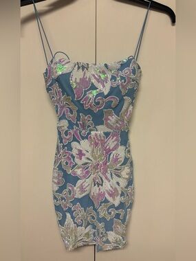 Darling Blue Sequin Floral Mini Dress